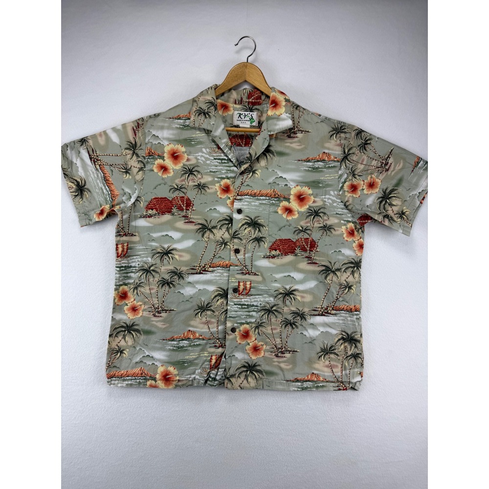 KY'S Hawaiian Shirt Mens XL Sage Green Cotton Tropical Palm Tree Hibiscus‎ Print